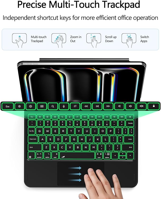 ORDA iPad Pro 11 Inch Case with Keyboard (M4/2024) iPad Pro Magic Keyboard with 7 Colors Backlight,Easy-Set Magnetic Stand,Precise Multi-Gesture Trackpad,Shortcut Keys,Ultra-Slim,On-The-Go Protection