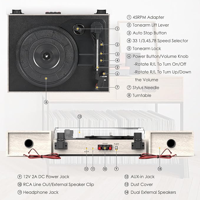 Record Player for Vinyl with External Speakers, Belt-Drive Turntable with Dual Stereo Speakers Vintage Vinyl LP Player Support 3 Speed Wireless AUX Headphone Input Auto Stop for Music Lover White