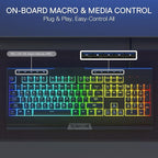 Redragon K525 RGB Backlit 104 Keys Wired Membrane Gaming Keyboard w/ 5 Multimedia Keys & 4 Extra On-Board Macro Keys, Dedicated Media Control, Ergonomic Wrist Rest, Linear Mechanical-Feel Switch
