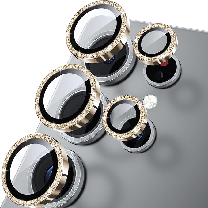 WSKEN for Samsung Galaxy S25 Ultra Camera Lens Protector - Ultra Thin Case Friendly, 9H Shatterproof Tempered Glass with Aluminum Metal Circle Camera Screen Protector Cover Accessories, Glitter Gold