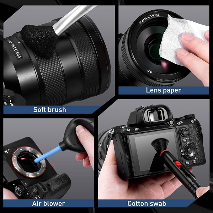 Camera Lens Cleaning Kit - Mirrorless and DSLR Camera Cleaning Kit for Canon, Sony, Nikon, Including Lens Paper/Blower, Cleaning Solution, Cotton swabs, dust Free Cloth, Lens Pen, Cleaning Brush