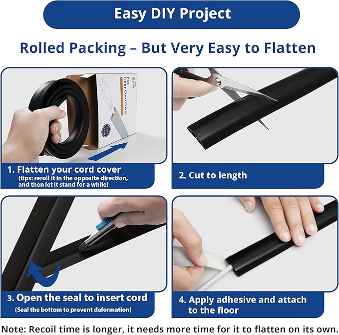 Cord Cover Floor 6ft White, PVC Floor Cable Cover, Cord Hider Floor Cord Protector Prevent Cable Trips & Protect Wires, Floor Cable Management Hide Cords on Floor, Cord Cavity -W0.47 x H0.28
