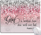 Hokafenle Mouse Pad, Psalm 46:5 God is Within Her, She Will not Fall - Bible Verse Pink Glitter Pattern Mouse Pad for Women, Square Waterproof Non-Slip Rubber Base Mousepad for Office Laptop