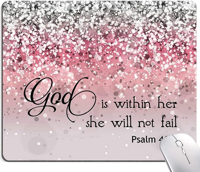 Hokafenle Mouse Pad, Psalm 46:5 God is Within Her, She Will not Fall - Bible Verse Pink Glitter Pattern Mouse Pad for Women, Square Waterproof Non-Slip Rubber Base Mousepad for Office Laptop