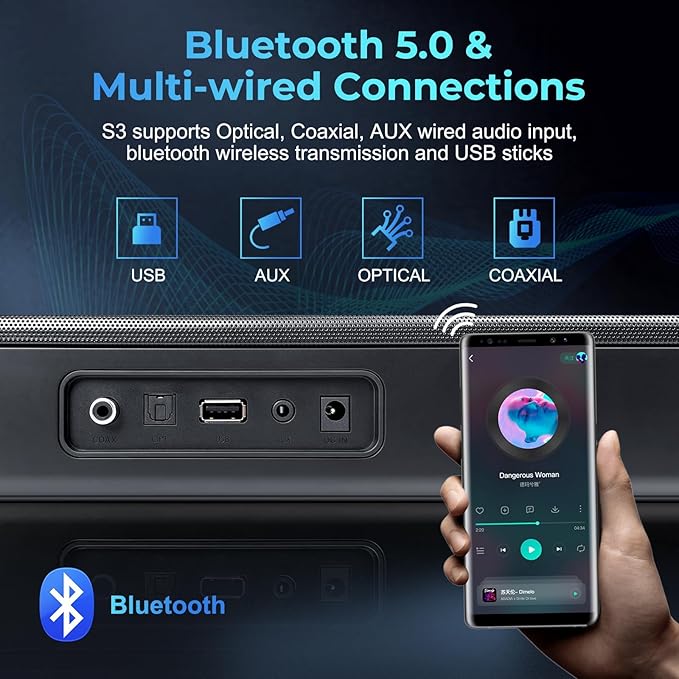 OXS S3 Sound Bars for TV, Home Theater Audio with Dynamic Bass, 3D Surround Sound System TV Sound Bar, TV Speakers, Bluetooth 5.0/Aux/Optical/Coaxial, 80-Watt, 3Eqs, Wall Mountable, Black