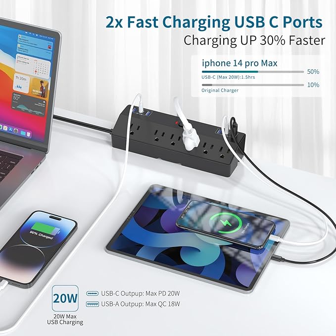 Desk Clamp Power Strip with 40W Fast Charging Station, JXGUCAT 10ft Flat Plug Power Strip Surge Protector, 2 USB-C Ports, 6 AC Outlets, Fit 2.48" Tabletop Edge, Home Office Desk Accessories Essentials