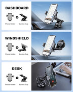 3-in-1 Car Phone Holder, Strong Suction Phone Mount for Windshield/Dashboard/Desk, Hands Free Dash Mounted Car Cell Phone Holder Stand, Truck Phone Holder for iPhone Samsung Android Smartphone