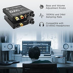 Digital to Analog Audio Converter with Headphone Amplifier & Bass Control by J-Tech Digital | 192kHz 24bit Optical Coaxial RCA 3.5mm