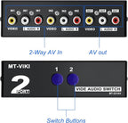 MEIRIYFA 2 Way AV RCA Switcher Splitter 2 in 1 Out, 2 Port AV RCA Switch 2-in-1 Composite Video L/R Audio Switcher Selector Box for DVD Player, Game Consoles TV Monitor Projector