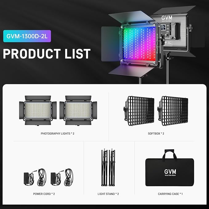 GVM 1300D RGB Video Light with Softbox, 65W LED Video Lighting Kit, 25000lux/0.5m, 360° Full Color Photography Lighting Kit, 2 Packs Led Panel Light for YouTube, Web Conference, Streaming