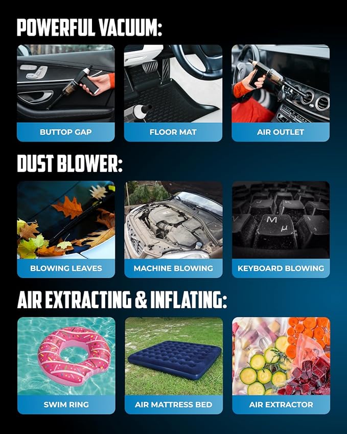 Owleys Portable Car Vacuum Cleaner “CrossClean 2-in-1 Vacuum & Air Blower | 120W High-Power | 8 Attachments | 12V Rated Voltage | Cordless, Lightweight & Rechargeable via Type-C Cable