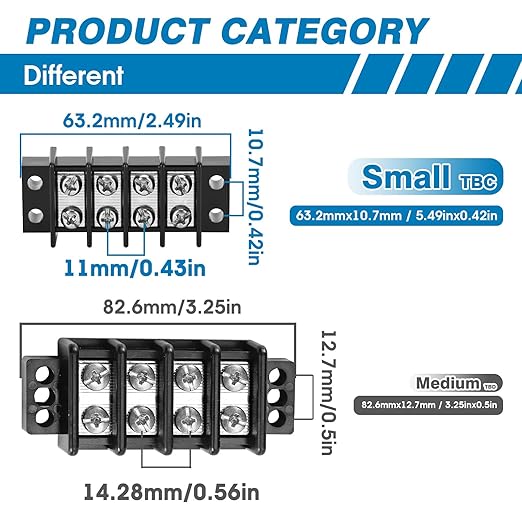 GLOSO Terminal Blocks Double Row Stainless 11 mm Pitch TBC, Marine Grade, 12-22 AWG Cu, 25A/300V - 1 Pack, 2 Poles