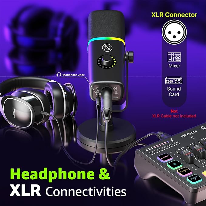 IXTECH Gaming USB Microphone for PC, Noise Cancellation Condenser Mic for Podcasts and Video Streaming with Tripod Stand, Pop Filter, Shock Mount, Gain Control, RGB Lights, Quiet Mute Button (Black)
