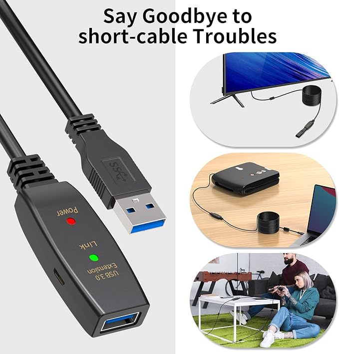 LDKCOK Active USB 3.0 Extension Cable 30ft– Male to Female Extender Cord, USB Extension Cable for USB Flash Drive, Card Reader, Hard Drive, Keyboard, PlayStation, Xbox, VR, Printer, Camera, Laptop