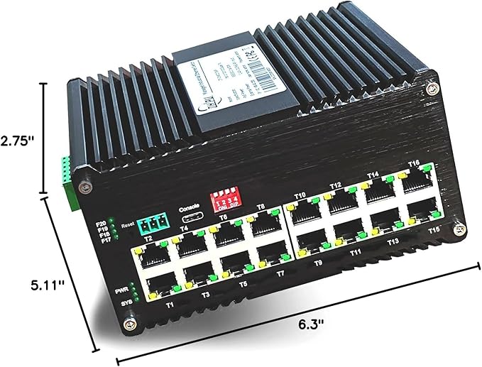 Industrial L2+ Managed 16 Port PoE Ethernet Switch, Gigabit Networking Switch with IPv4/IPv6 Management and DIP Switch, Supporting Din-Rail