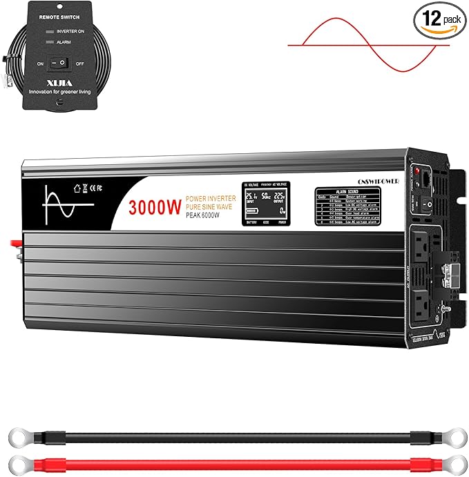 Xijia 3000W (Peak Power 6000W) Pure Sine Wave Inverter DC 72V to AC 120V 60HZ Solar Converter for Home Use car (DC72V (Range 60V-90V) 3000W)