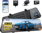 AZDOME PG17 Max 4K+2.5K Mirror Dash Cam with ADAS, BSD and LCA, 12" Rear View Mirror Camera with 5GHz WiFi and Voice Control, Rearview Mirror Backup Camera Includes 64GB Card, GPS, Parking Monitor