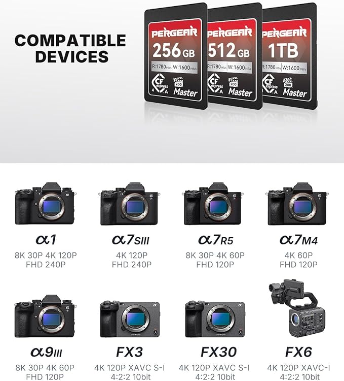 Pergear 1TB CFexpress 4.0 Type A Memory Card,up to 1780MB/S Read Speeds,USB4.0(PCIe 4.0),for Raw,8K 30P Recording,Compatible for Sony Camera,ILME-FX3,ILME-FX6,ILME-FX30 (Black Silver Master Series)