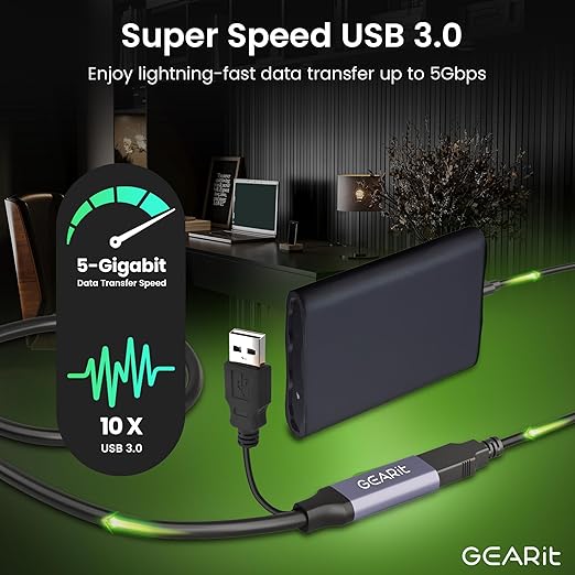 GEARit USB 3.0 Active Extension Cable (50 Feet) A-Male to A-Female USB Repeater with Signal Booster for Oculus Rift, Quest Link, Xbox 360 Kinect, PlayStation, Printer, Webcam - 50ft