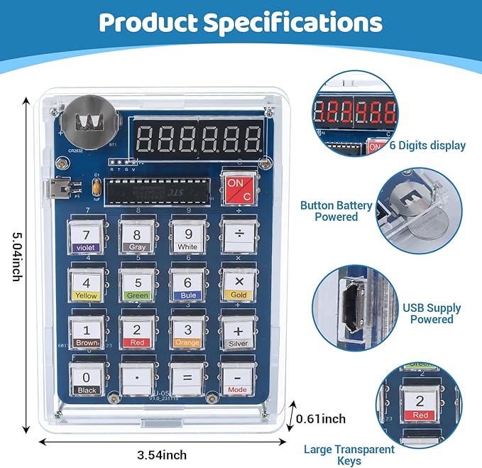 MiOYOOW 6-Digit DIY Calculator Kit, USB/Battery Powered Calculator Soldering Practice Kit with Resistance Value Measurement, Practical Electronics Projects for School Learning and Home Office Use
