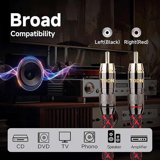 TODN Shielded RCA Audio Cables Audiophile 2Male to 2Male OFC RCA Stereo Cable for Car Audio, HiFi Systems (9.8ft/3m, 1 Pair)