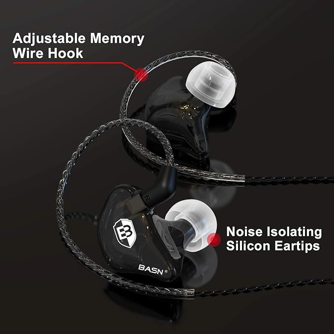 BASN Bsinger PRO in-Ear Monitors Hybrid Dynamic Dual Drivers Two Detachable MMCX Cables Musicians in-Ear Earbuds Headphones (Black)