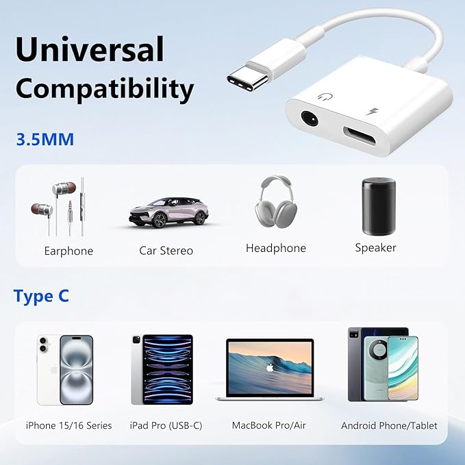 Seulliya USB C to 3.5mm Headphone Jack and Charger Adapter, 2-in-1 Audio & Fast Charging Splitter for Apple iPhone 17/16/15/Pro/Pro Max, iPad, Samsung, Pixel, and More 3Pack