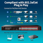 STEAMEMO 28 Port PoE Switch, 24 PoE+ Port@ 360W, 2 Gigabit Uplink, 2*1G SFP, 802.3af/at, Metal Casing 19-inch Rackmount, Overload Protection w/ Port, Unmanaged Plug and Play