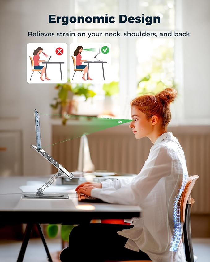 Adjustable Laptop Stand for Desk - Portable Laptop Riser with Rotating Base, Foldable Aluminum Computer Stand, Ergonomic Laptop Holder for MacBook Pro/Air Dell HP Lenovo Notebook up to 16" (Silver)