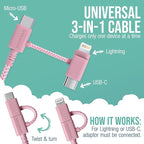 Smartish USB-C/Lightning Cable for iPhone 16/15/14 - Crown Joule - 6 Foot Universal Fast Fabric Wrapped Charging Cable w/Micro-USB - Apple MFi Certified for iPhone 13/12/SE/iPad/AirPods/Android - Pink