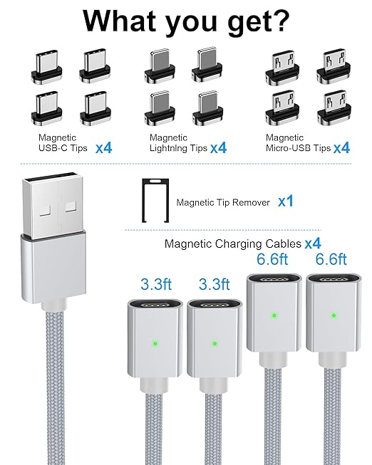 ZBF Magnetic Charging Cable 3A Fast Charging (4-Pack, 3.3/3.3/6.6/6.6 ft) 3 in 1 Magnetic Phone Charger, 480Mbps Data Transfer, USB A to Type C Charger Cable USB-C/Iproduct Micro USB Device - Silver