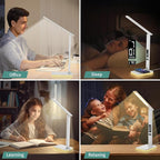 LED Desk Lamp for Home Office, USB Charging Port, Reading Lamp Desk Light with 5 Brightness, 3 Colors, Table Lamp with Clock, Alarm, Date, Temperature, Desk Lamp for College Dorm Room (White)