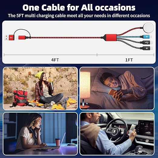 Travel Essentials 4in2 Multi Charging Cable for Apple Watch Charger,USB A/C to Dual Type C/IP/iWatch Charger,Travel Chargers for Multiple Devices Compatible with iWatch Series&iPhone 16-12（2PACK,5FT）