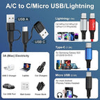 6 in 1 Multi Charging Cable 3Pack-6FT Multi USB Cable 3A Multi Charger Cable Braided Multiple Phone Charger Cable Universal USB A/C Charging Cord with 2*IP/Type C/Micro USB Port for Cell Phone/Tablets