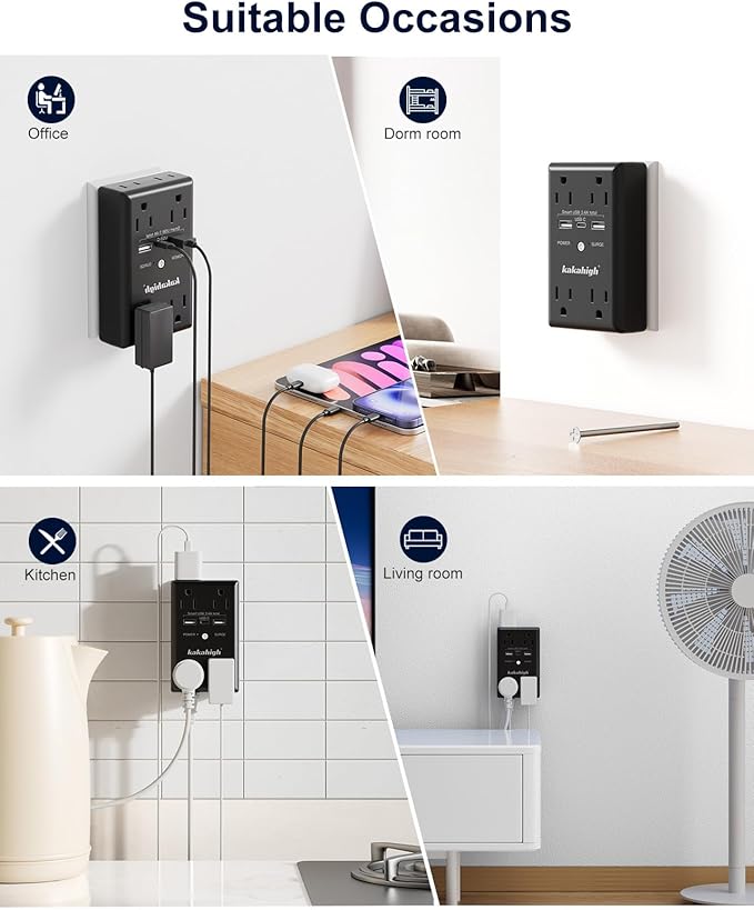 Black Wall Power Strip, 8 Way Outlets with 1680J Surge Protected, Multi Plug Wall Outlet with USB Ports, LED Indicator, 1875W Wall Mounted Surge Protectors for Dorm Room Office Kitchen
