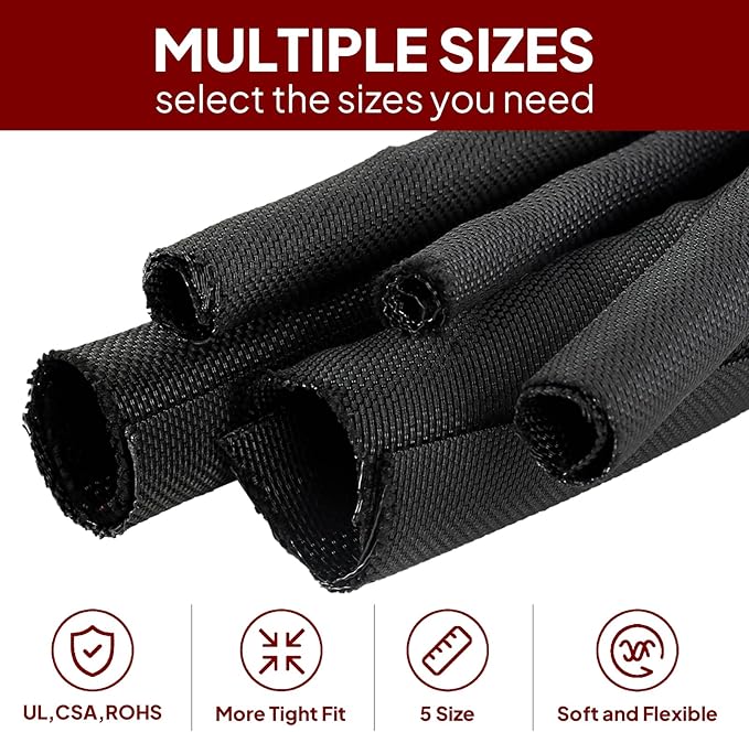 Black Braided Cable Management Sleeves Wire Loom Tubing Cord Protector Self-Wrapping (1/2"-12Feet)