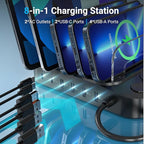 Catlyn Charging Station for Multiple Devices, 8 Port Charger Stations with 6 Mixed Charger Cables Organizer Dock,Compatible for Cell Phone,Tablet, Kindle, iPhone iPad for Family Home Office（Black）