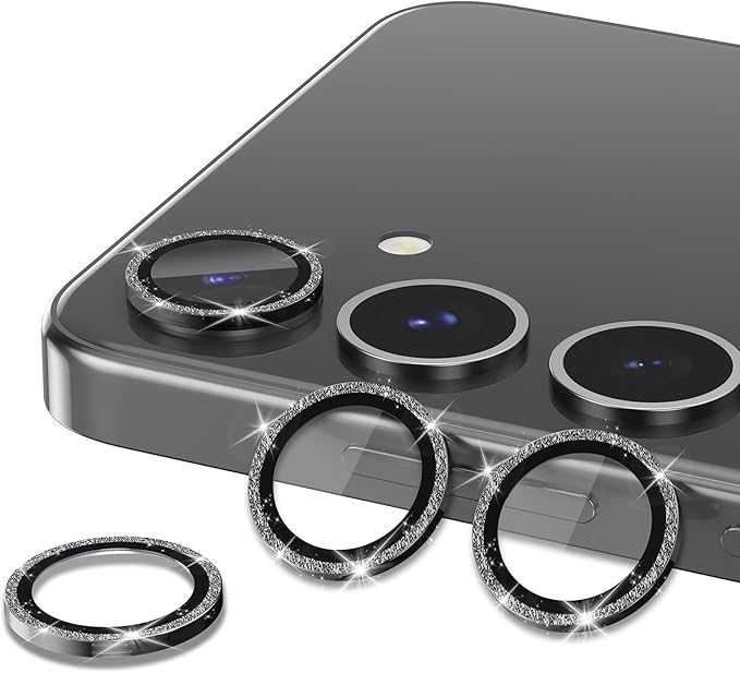 for Samsung Galaxy S25 Plus Camera Lens Protector, Individual Metal Ring Tempered Glass Lens Cover, [Strong Adsorption] Scratch Resistant Ultra-Thin HD Clear Lens Cover, 1 Set-Black Sparkly