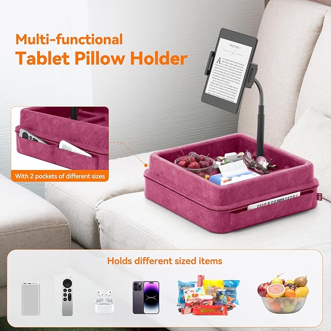 KDD Tablet Pillow Holder - 360°Adjustable iPad Pillow Stand for Lap, Bed and Desk - Gooseneck Tablet Soft Pad Dock with Storage Tray and Pocket Compatible with iPad Pro 12.9, Air Mini, Phone,(Purple)