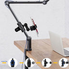 Clamp Phone Stand Holder for Desk/Table/Glass/Baffle/Easel/Guitar Head,360°Adjustable Aluminium Alloy Arm Metal Phone Mount,Compatible with iPhone/Nexus/HTC/LG/Huawei/Smart Phones