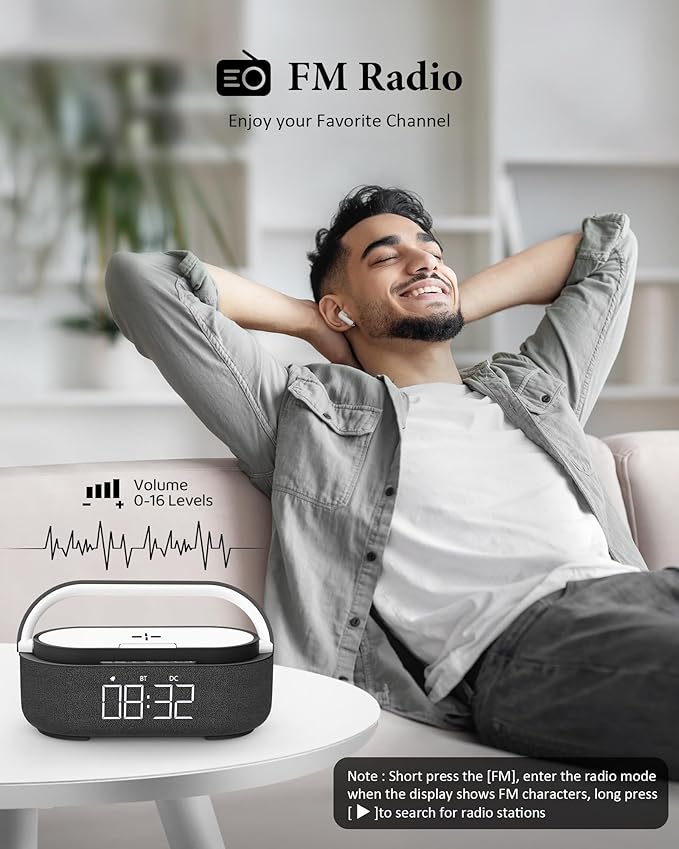 COLSUR Bluetooth Speaker with Wireless Charger, FM Radio, Dimmable LED Night Light, Stereo Sound Dual Wireless Speakers, 2500mAh Portable Speaker for Home Decoration, Bedroom, Office, Gift