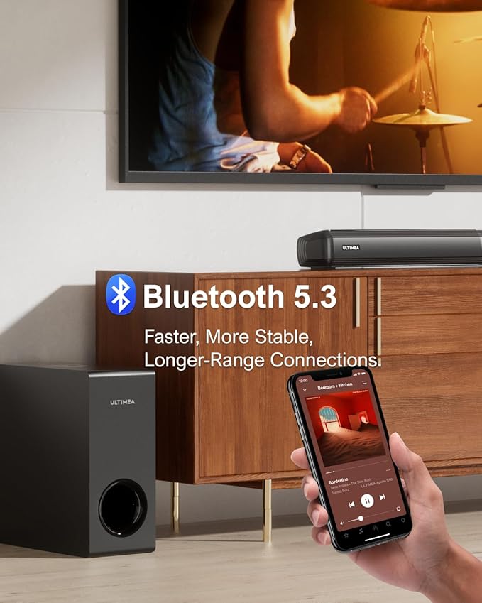 ULTIMEA 4.1ch Sound Bar for Smart TV with Subwoofer, Peak Power 200W, 2-in-1 Detachable Bluetooth 5.3 Soundbar, Bass Adjustable, 3 EQ Modes TV Sound Bar, ARC/Optical/Aux, Apollo S50 Detachable Series