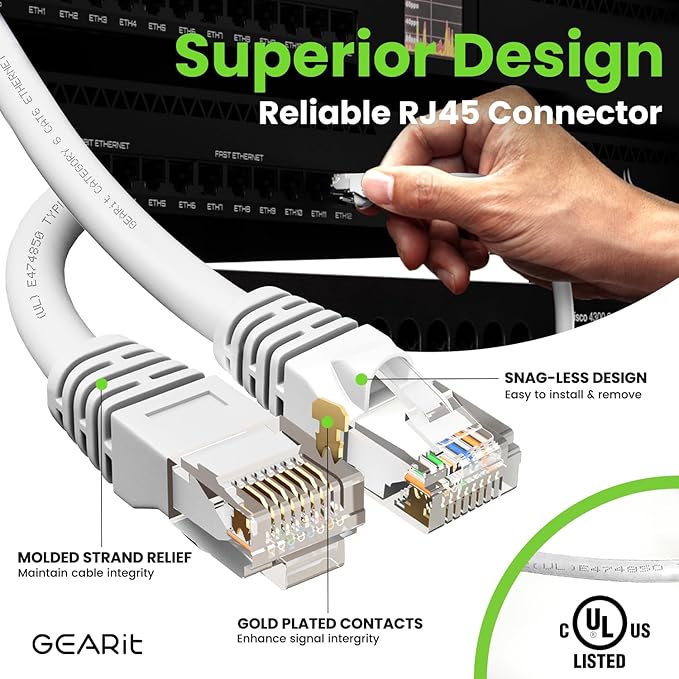 GEARit Cat 6 Ethernet Cable (1-Pack 150 Feet) Cat6 Network Patch, 10Gbps, RJ45, Snagless Cord, Gold-Plated Connectors, Internet for PC, TV, Tablet, Router, Printer, Servers, IT Data Center - White