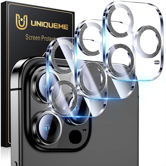 UniqueMe for 3 Pack iPhone 16 Pro/iPhone 16 Pro Max Camera Lens Protector - [Drop Protection] [Case Friendly] 9H Tempered Glass Camera Cover Screen [Update New Version] - Glitter Black