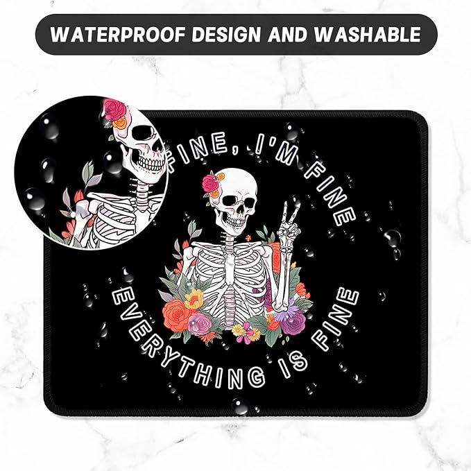 ITNRSIIET Mouse Pad with Stitched Edge Premium Textured Smooth Precise Operation Waterproof Washable Non-Slip Rubber Base Desktop Protection Mat, 10.2×8.3×0.12 inches, Flower Skull