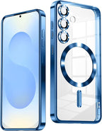 Slim Thin for Samsung Galaxy S25 Case, Compatible with MagSafe, Built-in Camera Lens Protector, Shockproof Protective Phone Case, Soft Electroplated Clear Phone Cover, Sapphire Blue