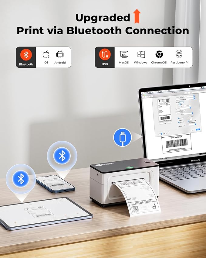MUNBYN Bluetooth Thermal Label Printer 941B, Wireless 300DPI 4x6 Shipping Label Printer for Small Business, Compatible with Windows, Mac, iPhone, Android, PC, Ebay, Amazon, Shopify, Etsy, USPS (White)