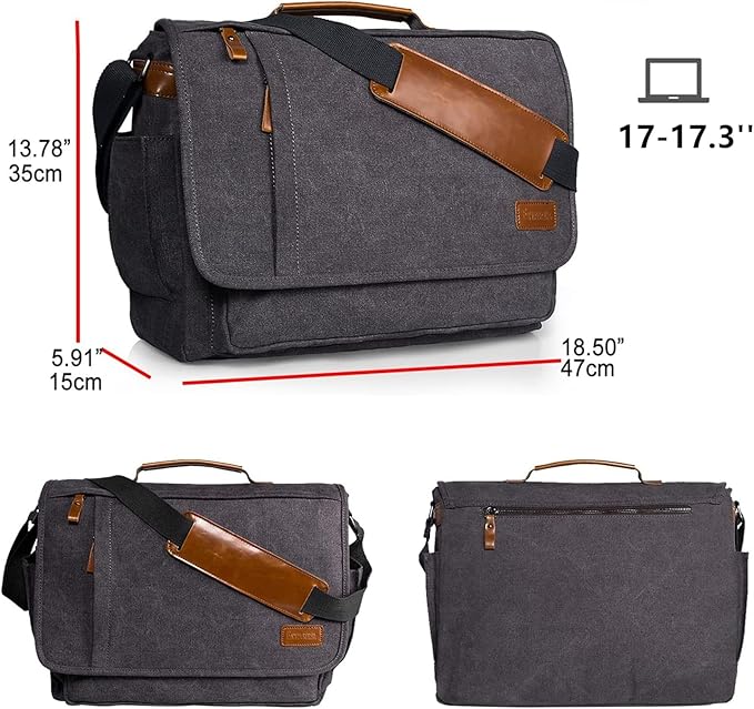 ESTARER Laptop Messenger Bag 17-17.3 Inch Water-resistant Canvas Shoulder Bag for Work College, Grey