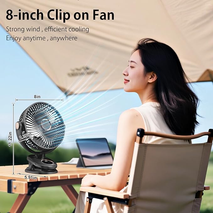 iNeibo 10000mAh Portable Clip on Fan, 90° Oscillating Fan, 8 Inch Rechargeable Battery Operated Desk Fan, Strong Airflow, 5 Speeds, Sturdy Clamp for Golf Cart Home Office Outdoor Travel (Black)
