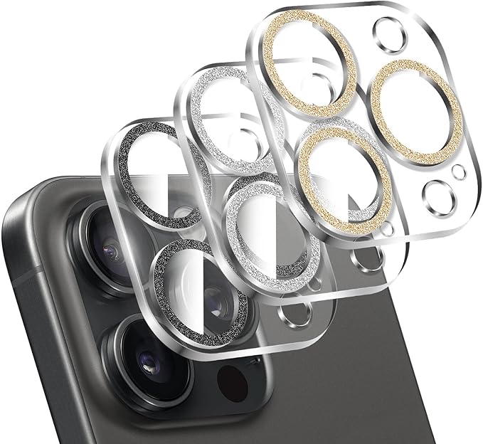 LucBuy 3PCS Sparkling Camera Lens Protector for iPhone 16 Pro/iPhone 16 Pro Max, Full Clear Acrylic Cover with Shiny Colorful Glitter Decoration Back Camera Protector